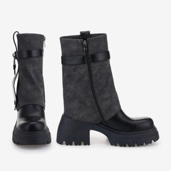 Tuhoomall Fashion Women's Foldable Knee-High Boots with Round Toe and Thick Heels, Stylish Metal Buckle for Parties and Performances