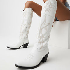 Tuhoomall Western Over-the-Knee Boots for Women, Chunky Heel, Snip-Toe, Embroidered, Slip-On, Distressed Style for Parties and Casual Outings