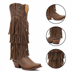 Tuhoomall Western Knee-High Cowboy Boots, Chunky Heel, Fringe & Studs, Retro Style, Casual Wear, All Seasons