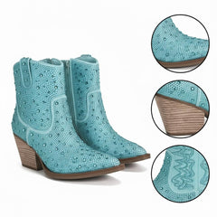 Tuhoomall Western Style Rhinestone Ankle Boots with Zipper Closure - Fashionable Suede Upper and Rubber Sole, Perfect for All Seasons