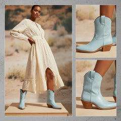 Tuhoomall Metallic Cowboy Ankle Boot with Chunky Block Heel, Pointed Toe, Embroidered Design for Casual Fashion Use, Vegan Leather, All Seasons