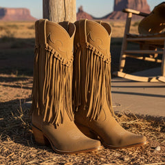 Tuhoomall Comfortable Western Knee-High Boots for Parties and Outdoor Activities with Fringe Embroidery, Rubber Sole, and 7.5cm Chunky Heel