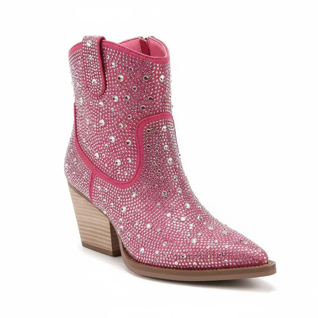 Tuhoomall Western Style Rhinestone Ankle Boots with Zipper Closure - Fashionable Suede Upper and Rubber Sole, Perfect for All Seasons Tuhoomall