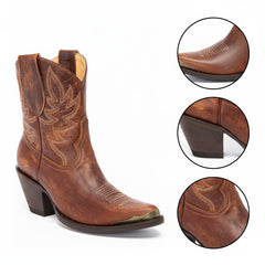 Tuhoomall Western Style Ankle Boots For Women, Vintage Plain Leather, Low Heel, Casual Chic, All-Season Fashion, Unique Embroidery Design