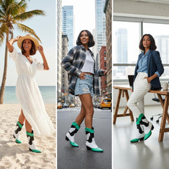 Tuhoomall Colorful Metallic Western Mid Calf Boots with Embroidery, Pointed Toe, Comfort Block Heel for Casual Wear