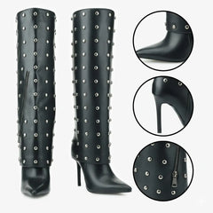 Tuhoomall Knee High Party Boots for Women, Two Piece Design with Studs and Zipper, Stylish High Heel 11.5cm, Perfect for Performances and Special Occasions Tuhoomall