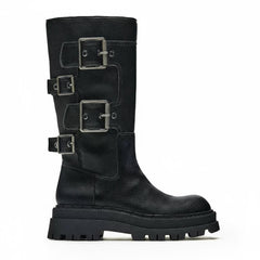 Tuhoomall Comfortable Mid-Calf Boots with Adjustable Metal Buckle for Casual Outdoor Fashion - Rubber Sole, Round Toe, All-Season