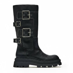 Tuhoomall Comfortable Mid-Calf Boots with Adjustable Metal Buckle for Casual Outdoor Fashion - Rubber Sole, Round Toe, All-Season Tuhoomall
