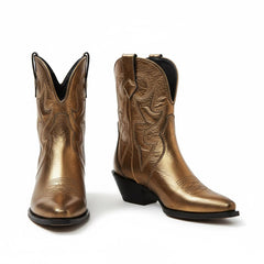 Tuhoomall Western Ankle Booties with Snip-Toe and Chunky Heel for Fashion Casual Parties, Embroidery Design with Metallic Inlay, Slip-On Style