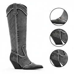 Tuhoomall Western Style Knee High Boots for Women, Retro Chunky Heels, Distressed Denim, Chic Pointed Toe, All-Season Slip-On Comfort