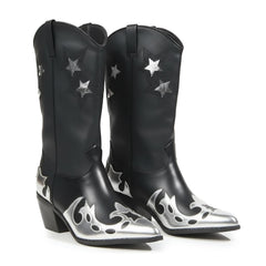 Tuhoomall Western Ankle Boots for Women, Chunky Heel 2.52in, Star Embroidery, Casual Fashion Footwear for Everyday Style and Rodeo Events