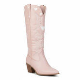 Tuhoomall Western Knee High Boots With Rubber Sole, 5cm Chunky Heel, Embroidered Sweet Pink Hearts For Casual Fashion All Year Round Tuhoomall