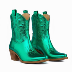 Tuhoomall Comfortable Western Ankle Boots for Fashion, Travel, and Leisure - Embroidered Genuine Leather, 5.5cm Chunky Heel, Slip-On Design