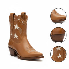 Tuhoomall Western Cowboy Ankle Boots for Women, Vegan Leather, Chunky 2" Heel, Snip Toe Design, Stylish Star Appliqué, All-Season Fashion