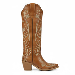 Tuhoomall Tuhoomall Western Knee-High Boots for Women, Floral Embroidered Design, Perfect for Parties, Office, and Casual Wear, 7.5 cm Classic Mid Chunky Heel