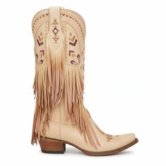 Tuhoomall Western Cowgirl Mid Calf Boots - Snip-Toe, Chunky Heel, Embroidered Fringe Design for Outdoor Style