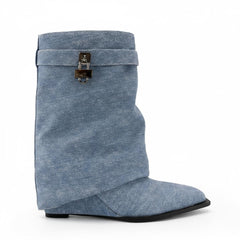 Tuhoomall Pointed Toe Wedge Ankle Boots For Women, Distressed Denim Slip-On Casual Shoes, Vintage Style Mid-Calf Boots For Parties And Daily Wear