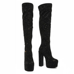 Tuhoomall Thigh High Satin Platform Boots with Chunky Heel and Rhinestone Embellishments for Parties and Special Occasions