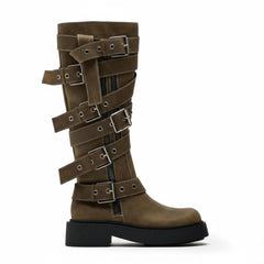 Tuhoomall Retro Chunky Knee-High Boots For Women, Comfortable Round Toe, Zipper Closure, Studded Design, Stylish Casual Footwear Tuhoomall