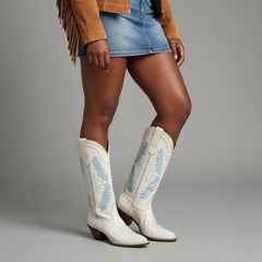 Tuhoomall Western Mid Calf Boots for Women with Rubber Sole, 5.1 cm Chunky Heel, Stylish Embroidery for Casual and Office Wear