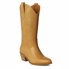 Tuhoomall Western Chunky Heel Women's Cowboy Boots, Comfortable Slip-On, Retro Embroidered Design, Non-Slip Sole for Travel and Casual Wear