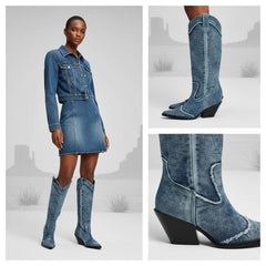 Tuhoomall Western Style Knee High Boots for Women, Retro Chunky Heels, Distressed Denim, Chic Pointed Toe, All-Season Slip-On Comfort