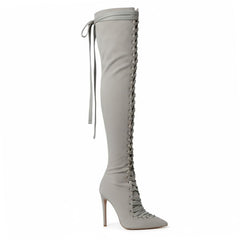 Tuhoomall Knee-High Boots For Bridal Occasion, Pointed-Toe Stiletto Heel, Lace-Up Design, Solid Color, 4" Heel Height, All-Season Wear
