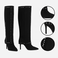 Tuhoomall Women’s Fashion Knee-High Foldable Boots - Stylish Stiletto Heels with Studded Accents for Parties and Casual Wear