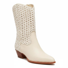 Tuhoomall Cowboy Style Chunky Heel Ankle Boots for Women, Pointed Toe, Zipper Closure, Stylish Crochet Detailing, Perfect for Work and Casual Outings