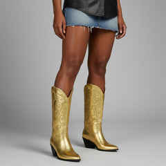 Tuhoomall Cow Pattern Western Boots for Women, Round Toe, Chunky 1.57in Heel, Casual Slip-On Mid-Calf Design, Stylish All-Season Footwear