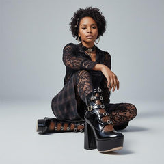 Tuhoomall Gothic High Ankle Boots for Parties and Performances, Thick Sole with Adjustable Strap, Durable Leather, 15.5cm Chunky Heels