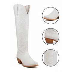 Tuhoomall Faux Suede Knee High Western Boots with Embroidered Eagles for Fashion, Travel, and Parties, 2.36 in Chunky Heel