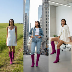 Tuhoomall Western Cowgirl Boots, Mid Calf Chunky Heels, Retro Classic Casual Style, Pointed Toe Slip-On, Solid Faux Suede, All Season Comfort