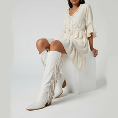 Tuhoomall Western Knee High Boots with Fringe, Round Toe, Chunky Heels for Stylish Casual Fashion, All Season Comfort