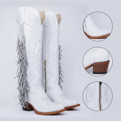 Tuhoomall Fringe Western Knee High Boots for Women, Soft Vegan Suede, Embroidered Design, Perfect for Vintage, Casual, and Party Wear