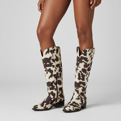 Tuhoomall Western Knee-High Cowboy Boots for Women, Stylish Animal Print, Chunky Heel, Vegan Friendly for Travel and Parties