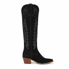 Tuhoomall Faux Suede Knee High Western Boots with Embroidered Eagles for Fashion, Travel, and Parties, 2.36 in Chunky Heel Tuhoomall