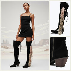 Tuhoomall Western Over Knee Boots with Fringe and Heart Pattern, Block Heel 2.76in, Zipper Closure, Faux Suede for Fashionable Boho Lifestyle