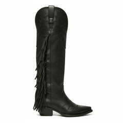 Tuhoomall Western Knee-High Boots with 2-Inch Chunky Heel, Embroidered Vegan Leather, Fringe Detail for Travel and Casual Style