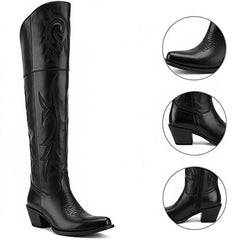 Tuhoomall Western Over-the-Knee Boots for Women, Chunky Heel, Snip-Toe, Embroidered, Slip-On, Distressed Style for Parties and Casual Outings