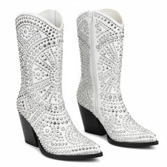 Tuhoomall Western Style Chunky Heel Boots for Women, 10cm Faux Suede with Rivet and Rhinestone Accents, Easy Zipper Closure for Parties and Performances