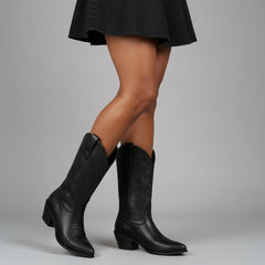 Tuhoomall Western Chunky Heel Women's Cowboy Boots, Comfortable Slip-On, Retro Embroidered Design, Non-Slip Sole for Travel and Casual Wear