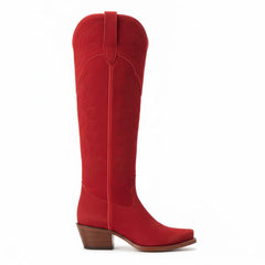 Tuhoomall Faux Suede Knee High Western Boots with Embroidered Eagles for Fashion, Travel, and Parties, 2.36 in Chunky Heel