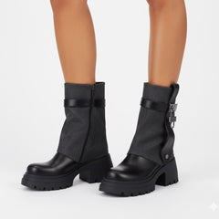 Tuhoomall Fashion Women's Foldable Knee-High Boots with Round Toe and Thick Heels, Stylish Metal Buckle for Parties and Performances