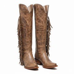 Tuhoomall Fringe Western Knee High Boots for Women, Soft Vegan Suede, Embroidered Design, Perfect for Vintage, Casual, and Party Wear