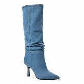 Tuhoomall Slouch Mid Calf Boots For Parties & Performances, Pointed-Toe, Flared Heel, Classic Denim Design, 3.54 in Heel Height
