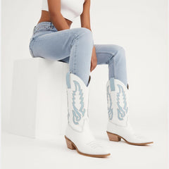 Tuhoomall Western Cowboy Boots for Women, Chunky Heel, Pointed Toe, Slip-On Design, Embroidered Detail, Casual Style, Year-Round Versatility
