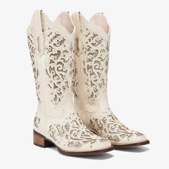 Tuhoomall Western Style Embroidered Mid-Calf Boots For Fashion, Travel, Outdoor - Chunky Heel, Faux Suede, Slip-On, Rhinestones, 3cm Heel Height Tuhoomall