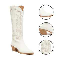 Tuhoomall Embroidered Western Chunky Heel Boots for Women - Pointed Toe, Zipper Closure, Mid-Calf Height, Stylish Vegan Leather, Perfect for All Seasons