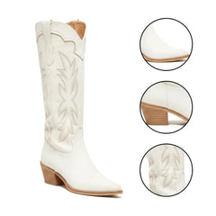 Tuhoomall Embroidered Western Chunky Heel Boots for Women - Pointed Toe, Zipper Closure, Mid-Calf Height, Stylish Vegan Leather, Perfect for All Seasons Tuhoomall